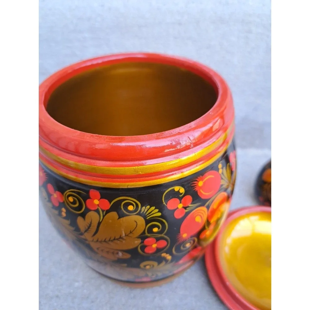 Russian Hand Painted Khokhloma Wooden Food Container Spoon Candle Holder